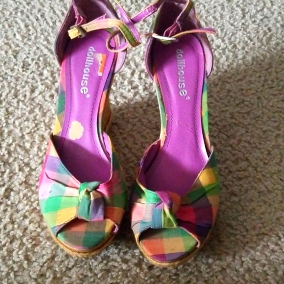 Dollhouse Shoes - Plaid multi color summer wedge sandals